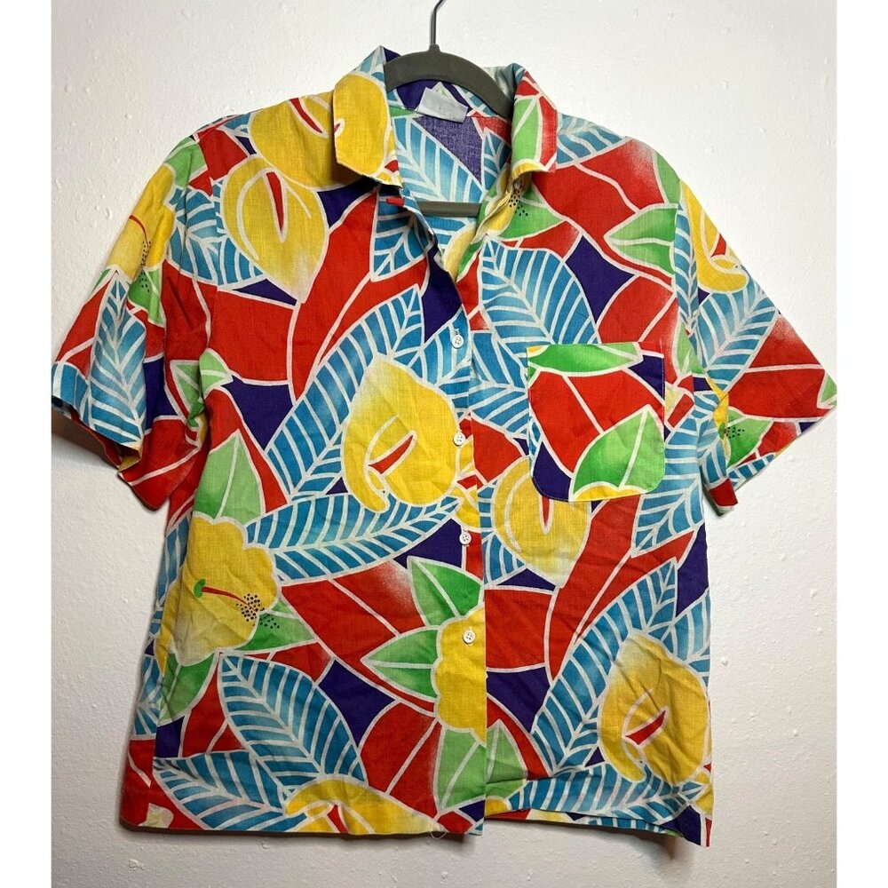 Vintage 80s Russ Hawaiian Button Up Shirt Blouse Size Small